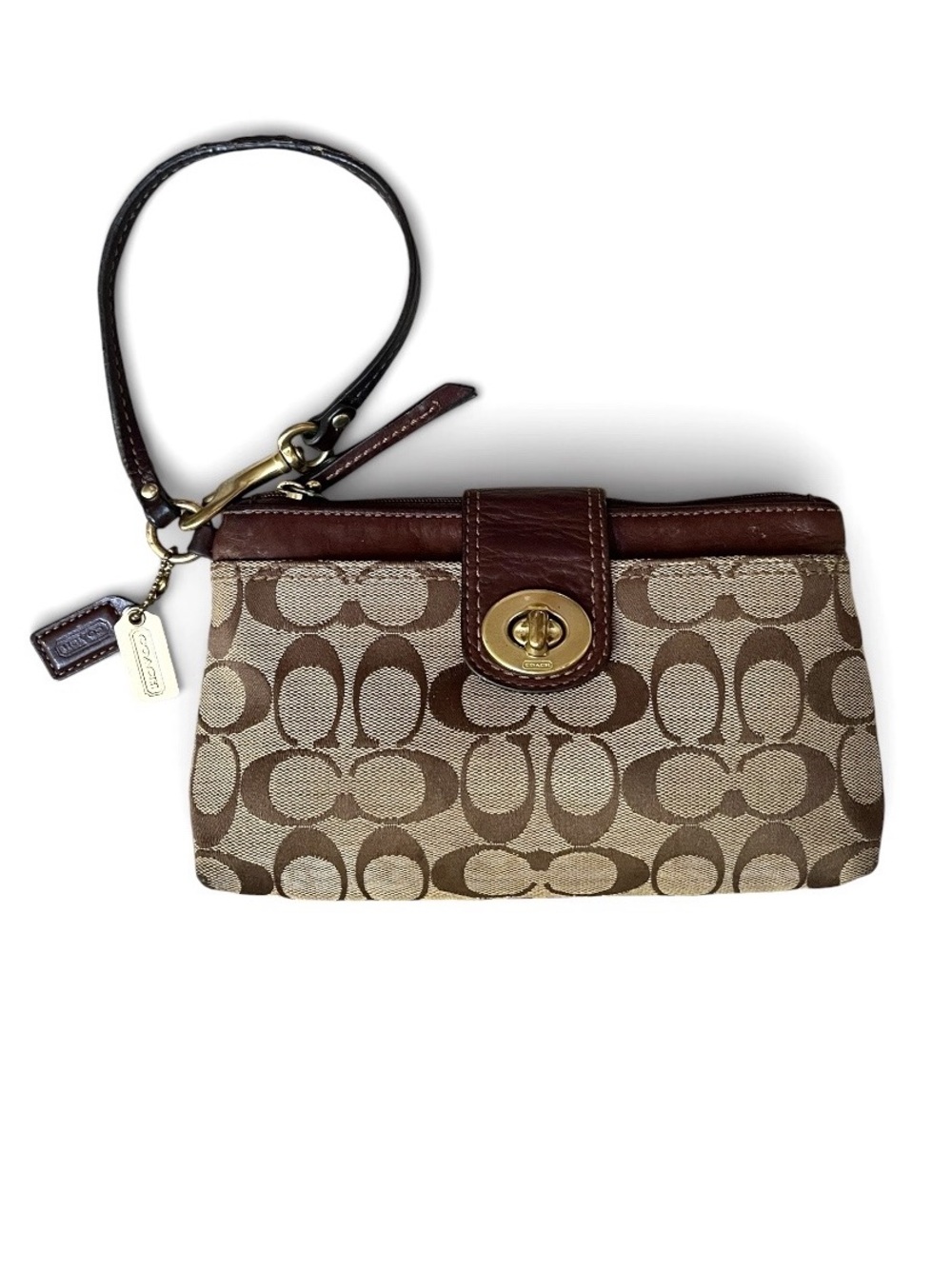 Vintage Coach Signature Brown/Tan Canvas and Leather Turnlock Pouchette Wristlet
